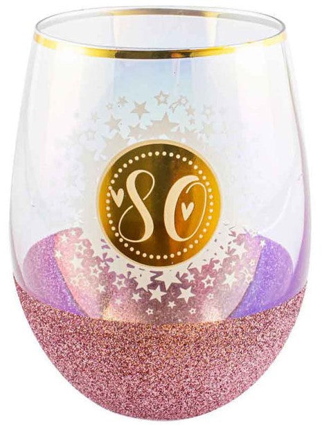 80th Glitter Stemless Glass