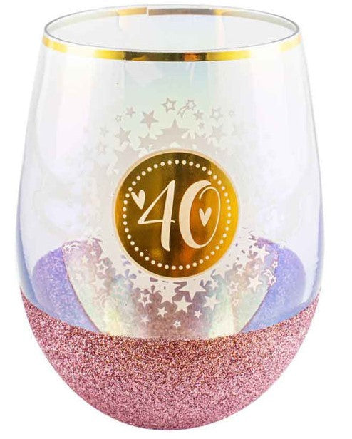 40th Birthday Pink Glitter Stemless Glass
