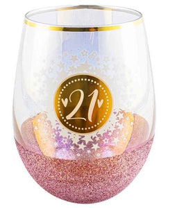 21st Birthday Pink Glitter Stemless Glass
