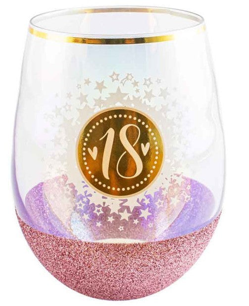18th Birthday Pink Glitterati Stemless Glass