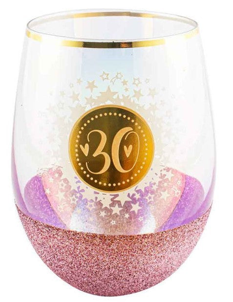 30th Birthday Pink Glitterati Stemless Glass