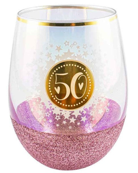 50th Birthday Pink Glitterati Stemless Glass