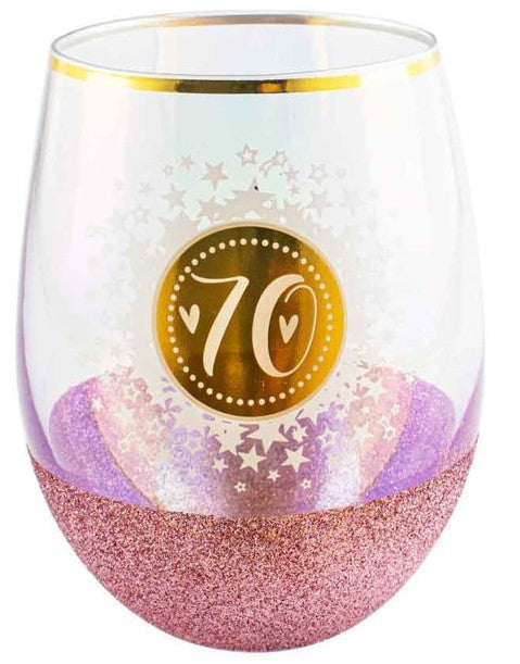 70th Birthday Pink Glitterati Stemless Glass